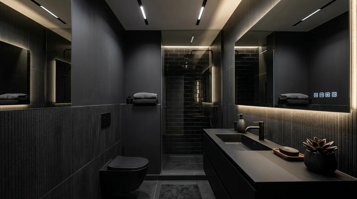 Use lighting to expand a small black bathroom inspiration for a black bathroom.